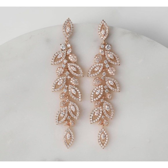 14K Gold Plated Leaflet Special Occasion Dangle Drop Earrings - Picture 4 of 10